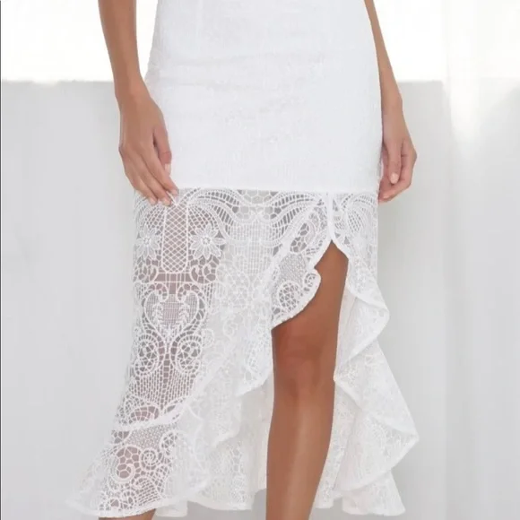 JAUS White Ruffle Midi Skirt Side Split Sheer Lace M/6 - Picture 1 of 7